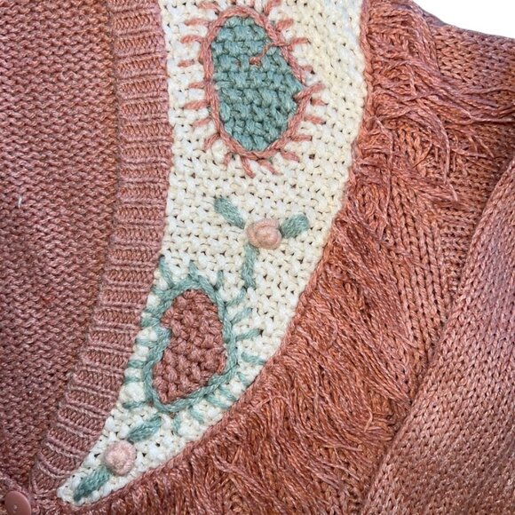Vintage 80s/90s Maggie Lawrence Pink Knit Western Fringe Cardigan Sweater Sz L - Picture 2 of 5